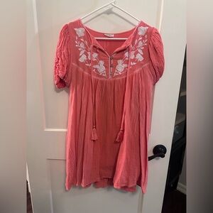 Coral Embroidered Mini Dress